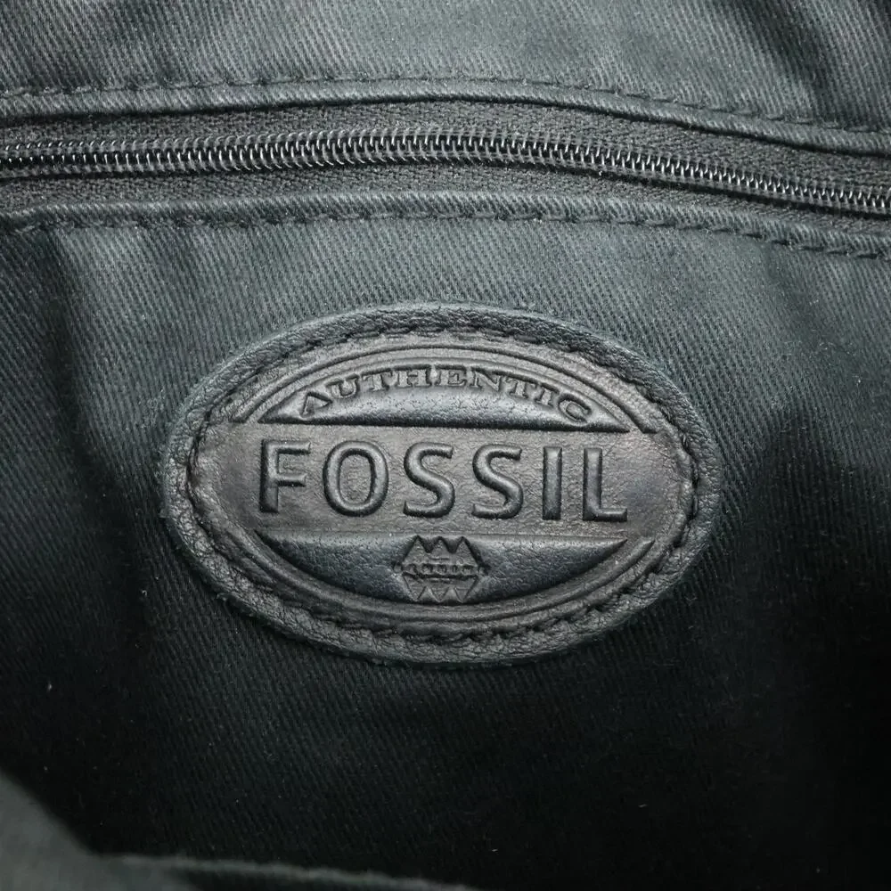 Fossil Leather Handbag Womens Black Crossbody Bag Zipper Pockets Preppy Academia